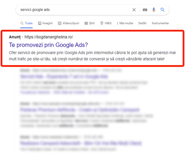 anunț în motorul de căutare Google